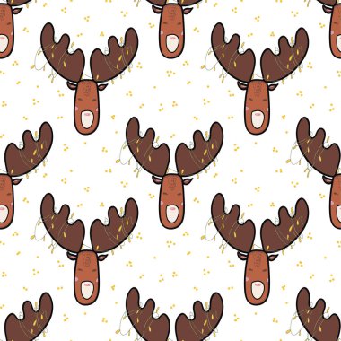 Kusursuz desen, geyik, el çizimi, karalama arka plan vektörü. İllüzyon. Dekoratif duvar kâğıdı, kağıt ambalajı basmak için iyi. Mutlu yıllar, tebrik kartı. Kış zamanı.