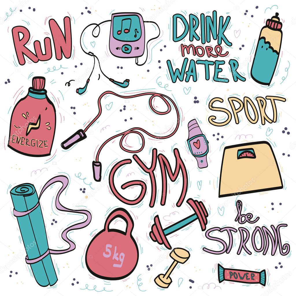 Sport activities tools, symbols in doodle style Fitness vector concept