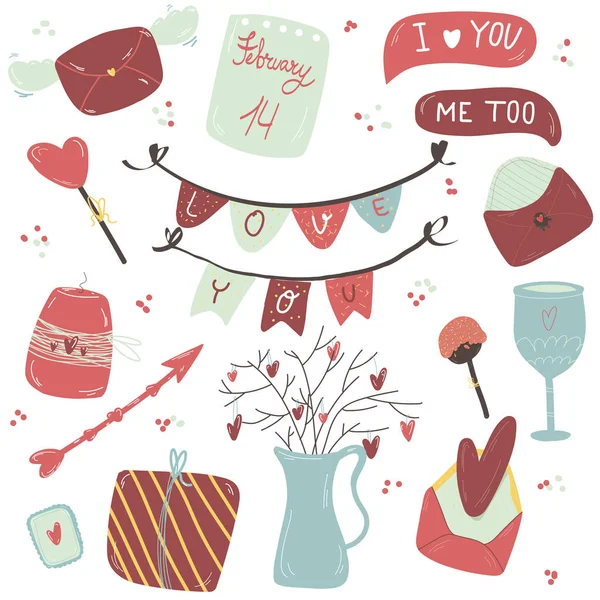 Grazioso set di San Valentino, elementi scarabocchi disegnati a mano clipart, regali, tazza, tazze di festa, leter. Perfetto per web, biglietto di auguri, poster, tag, kit adesivi. . — Vettoriale Stock