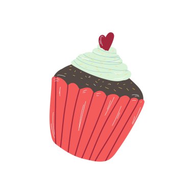 cupcake with heart. Hand drawn sweet dessert illustration. Isolated food object on white background. Valentines day.