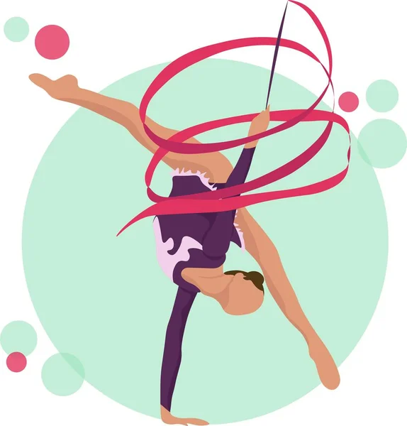 Young girl rhythmic gymnastics with ribbon vector illustration. Training performance strength gymnastics. Championship workout rhythmic gymnastics beautiful character.Women Acrobatic Gymnastics, flat — Stock Vector