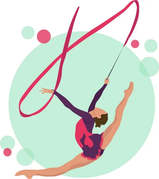 Young girl rhythmic gymnastics with ribbon vector illustration. Training performance strength gymnastics. Championship workout rhythmic gymnastics beautiful character.Women Acrobatic Gymnastics, flat — ストックベクタ