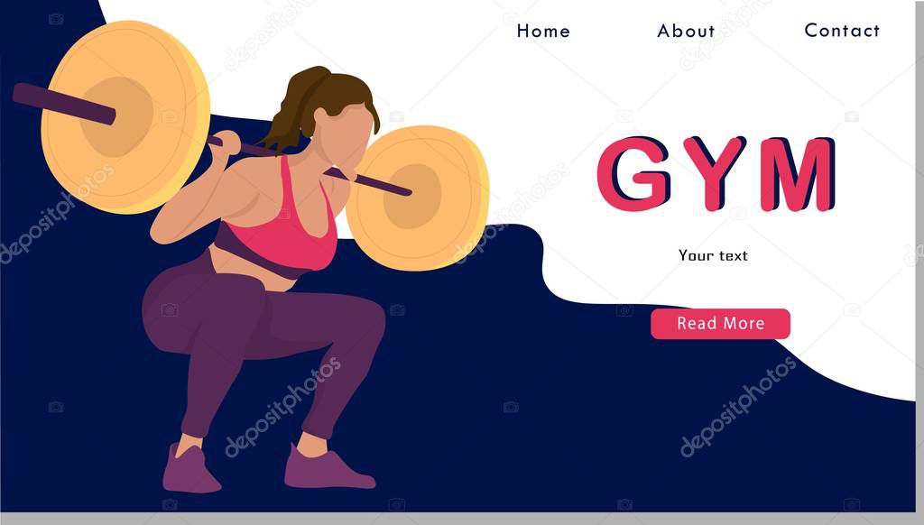 Women with barbell Sport Life. Flat Vector Illustration, Design for Banner, Poster, Header, Advertising. Young Female Healthy Lifestyle Concept. Young girl gym exercise sport landing page design.