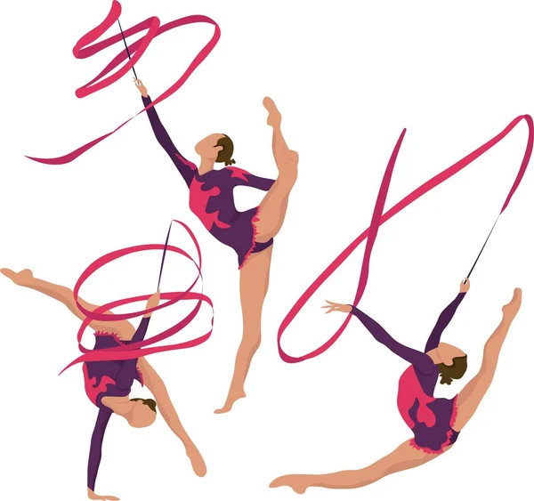 Set Young girl rhythmic gymnastics with ribbon vector illustration. Training performance strength gymnastics. Championship workout rhythmic gymnast character.Women Acrobatic Gymnastics, flat — 스톡 벡터