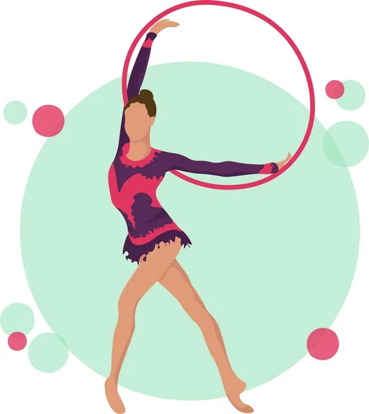 Young girl rhythmic gymnastics with hoops vector illustration. Training performance strength gymnastics. Championship workout rhythmic gymnastics beautiful character.Women Acrobatic Gymnastics, flat — 스톡 벡터