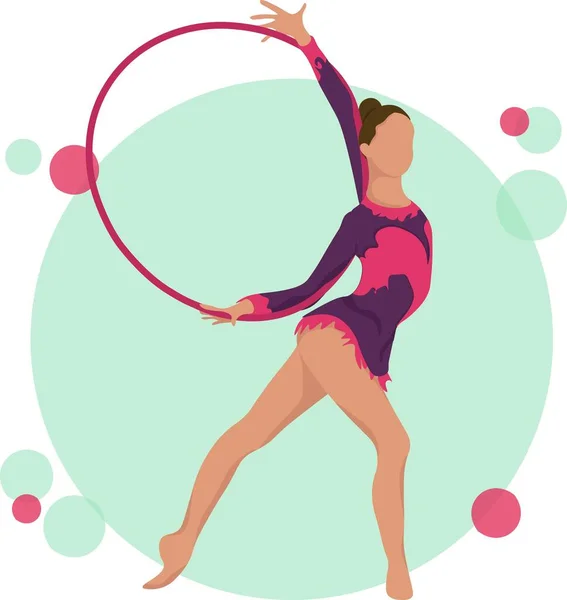 Young girl rhythmic gymnastics with hoops vector illustration. Training performance strength gymnastics. Championship workout rhythmic gymnastics beautiful character.Women Acrobatic Gymnastics, flat — 스톡 벡터