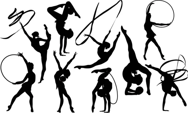 女の子のリズム体操シルエットベクトルイラストを設定します。トレーニングパフォーマンスの強度体操。選手権トレーニングリズム体操美しい文字.女性｜アクロバット体操 — ストックベクタ