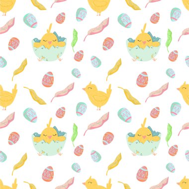 Paskalya tatilin kutlu olsun, bahar renkli Paskalya tatili. Vektör grafikleri, ambalaj kağıdı, chiken, yumurta.