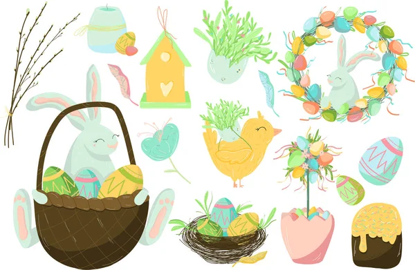 Set of cute Easter design elements: bunny, chicks, eggs isolated on white background.Vector illustration, clip art, collection object, decorating postcard, invation,print. — Stock Vector