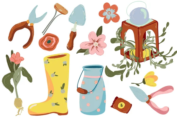 Spring Gardening Set. Tools and decorations for the garden.Gardening equipment. Isolated illustration on white background. Farm collection or farming set illustration. Elements, clipart vector — ストックベクタ