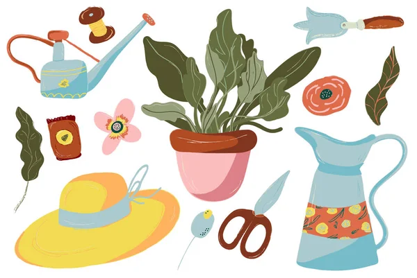 Conjunto de jardinería de primavera. Herramientas y decoraciones para el jardín.Equipo de jardinería. Ilustración aislada sobre fondo blanco. Colección de la granja o ilustración conjunto de agricultura. Elementos, vector de clipart — Vector de stock