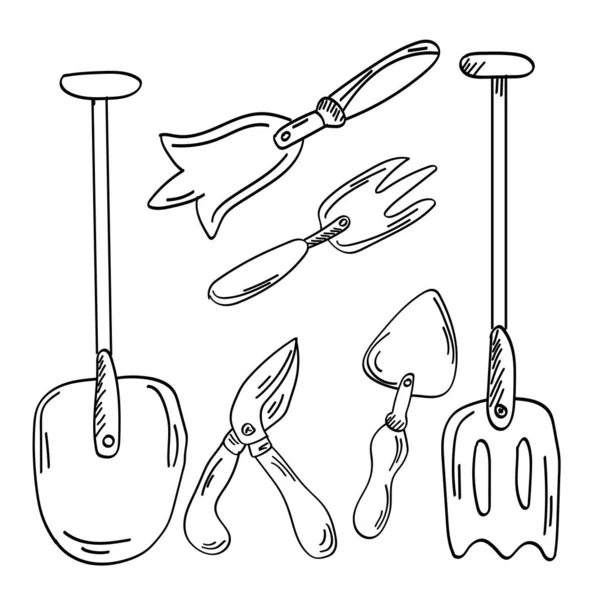 Set Single Doodle Outline Garden Rake Garden Tools Vector Doodle — Stock Vector