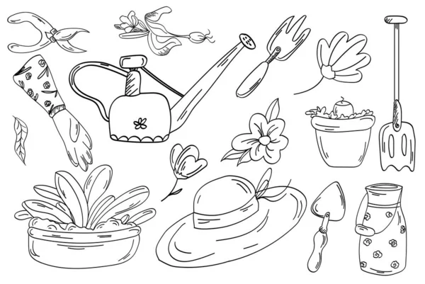 病媒手绘园艺图解.不同的涂鸦元素设置为花园工作。素描风格的园林工具,植物,蔬菜,水果和浇水罐.春天的时间. — 图库矢量图片
