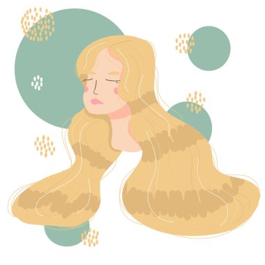 Pastel renkli şirin bir genç kadının portresi. Vektör karalama düz çizim. Çizgi film tarzı. Moda sanatı en az poster baskısı. Vektör el çizimi illüstrasyon, yüz ve omuzlar avatar, moda, spri