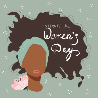 Happy international women s day. Cute greeting card. Vector hand drawn illustration. Portrait of cute young woman in pastel colors. Vector doodle flat illustration. clipart