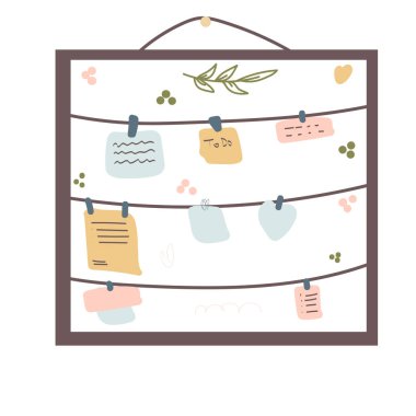 İlham panosu, çiçekli moda ev dekorasyonu, kartlar, not. Düz karalama vektör çizimi