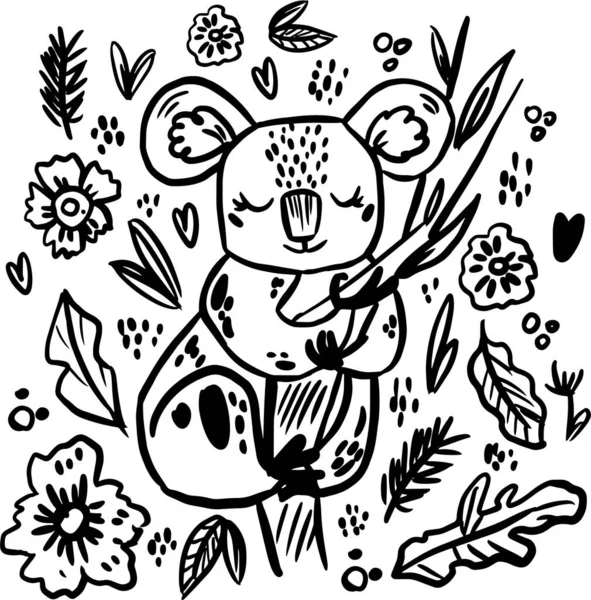 Koala Doodle Hand gezeichnet Malvorlage. Karikatur abstraktes Tier im skandinavischen Stil. Wildtiere im Regenwald. Graszweige mit Blättern, Blüten und Flecken gestaltendes Element. Tropischer Dschungel — Stockvektor