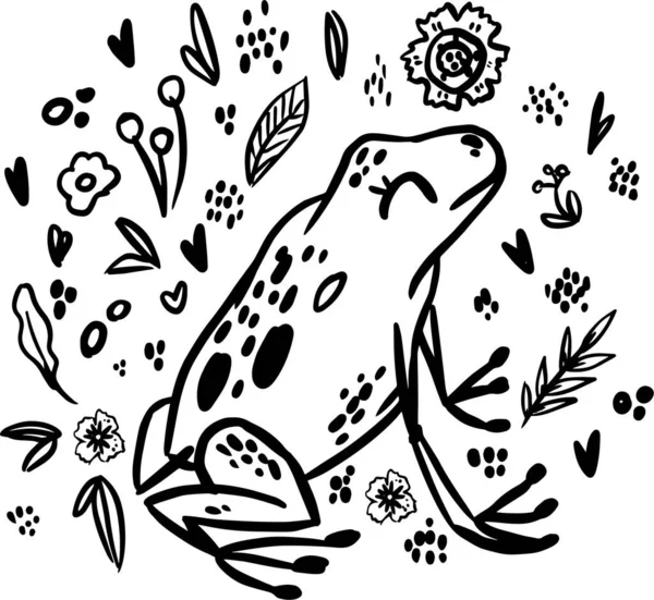 Halaman pewarnaan gambar tangan katak corat-coret. Cartoon abstrak hewan dalam gaya Skandinavia. Hewan hutan hujan liar. Cabang rumput dengan daun, bunga dan tempat elemen desain. Hutan tropis - Stok Vektor