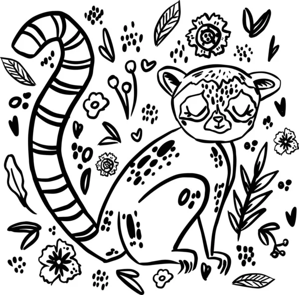 Lemur Doodle Hand gezeichnet Malvorlage. Karikatur abstraktes Tier im skandinavischen Stil. Wildtiere im Regenwald. Graszweige mit Blättern, Blüten und Flecken gestaltendes Element. Tropischer Dschungel — Stockvektor