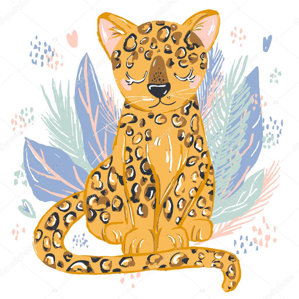 cheetah doodle hand drawn flat vector illustration. Cartoon abstract animal in scandinavian style. Wild rainforest animal. Grass branches with leaves, flowers and spots design element. Tropical
