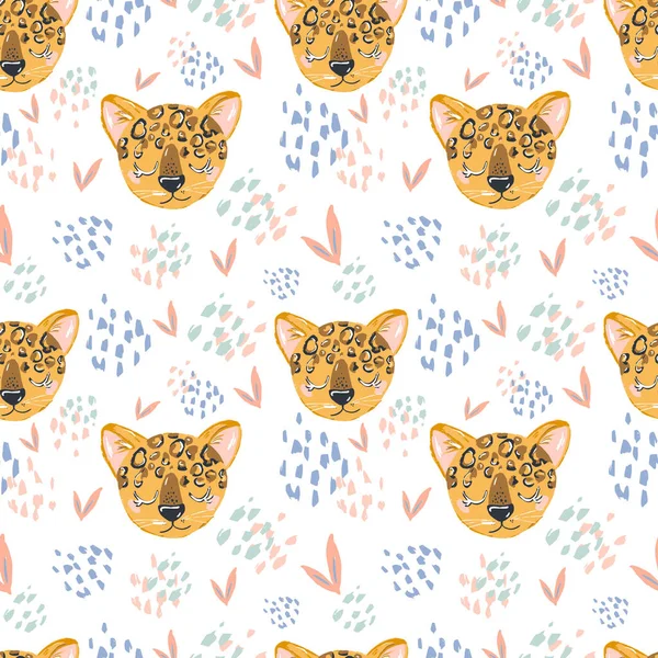 cute cheetah doodle hand drawn flat seamless pattern. Cartoon abstract animal in scandinavian style. Wild rainforest animal. Grass branches with leaves, flowers and spots design element. Tropical.