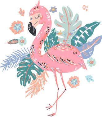 Flamingo sevimli karalama el düz vektör çizimi. Vahşi yağmur ormanı hayvan vektörü çiçek arkaplanı. Yapraklı, çiçekli ve benekli çim dalları. Tropik ormanlar.