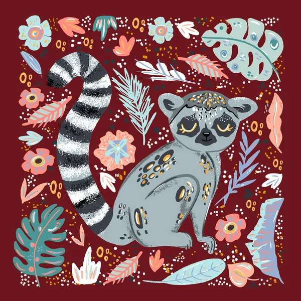 Lemur Carino Scarabocchio Disegnato Mano Piatto Vettoriale Illustrazione Foresta Pluviale — Vettoriale Stock