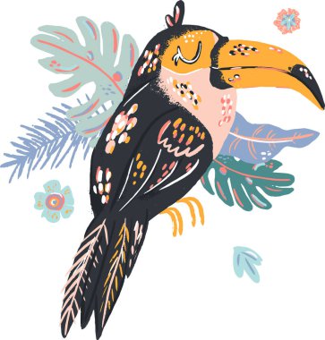 Toucan sevimli karalama el çizimi düz vektör çizimi. Vahşi yağmur ormanı hayvan vektörü çiçek arkaplanı. Yapraklı, çiçekli ve benekli çim dalları. Tropik ormanlar.