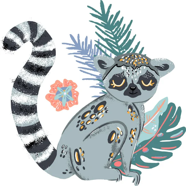 Lemur Carino Scarabocchio Disegnato Mano Piatto Vettoriale Illustrazione Foresta Pluviale — Vettoriale Stock