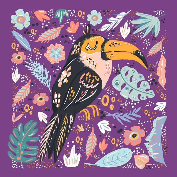 Toucan Schattige Doodle Hand Getekend Vlakke Vector Illustratie Wild Regenwoud — Stockvector