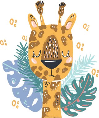 Zürafa şirin karalama el düz vektör çizimi. Vahşi yağmur ormanı hayvan vektörü çiçek arkaplanı. Yapraklı, çiçekli ve benekli çim dalları. Tropikal orman.