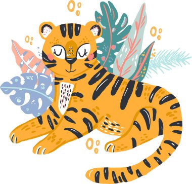 Kaplan gibi karalamalı el çizimi düz vektör çizimi. Vahşi yağmur ormanı hayvan vektörü çiçek arkaplanı. Yapraklı, çiçekli ve benekli çim dalları. Tropikal orman.