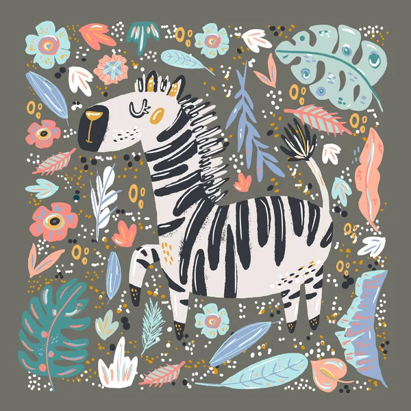 Zebra Carino Scarabocchio Disegnato Mano Illustrazione Vettoriale Piatta Foresta Pluviale — Vettoriale Stock