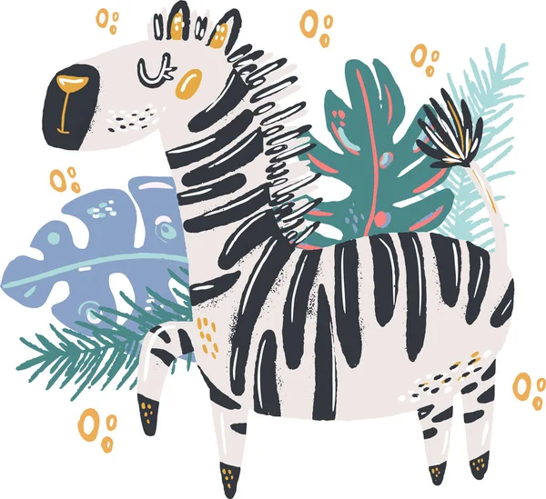 Zebra gibi çizilmiş el çizimi düz vektör çizimi. Vahşi yağmur ormanı hayvan vektörü çiçek arkaplanı. Yapraklı, çiçekli ve benekli çim dalları. Tropikal orman.