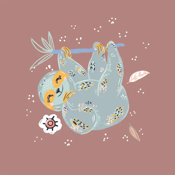 Рисунок Ленивца Ручной Работы Ленивый Плоский Характер Животного Симпатичное Млекопитающее — стоковый вектор