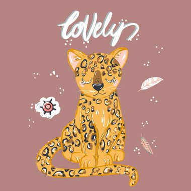 Sevimli leopar düz el çizimi. Çita, harfli bir jaguar karakteri. Orman, yağmur ormanı, savana hayvanı. Afrikalı yırtıcı. Hayvanat bahçesi, safari memelisi. Seyahat kartpostalı, çocuk kitapları.