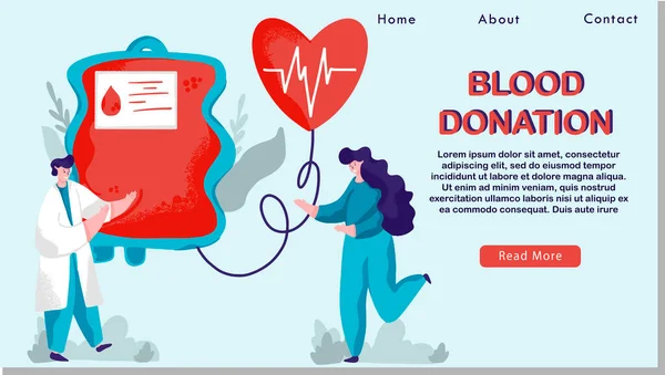 Conceito de doação de sangue. Modelo de landing page para banco de sangue ou hospital. Ilustração vetorial plana — Vetor de Stock