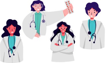 Bir set portre doktoru düz karakter. Hastane personeli, mesleği, profesyoneli. Doodle tarzı.