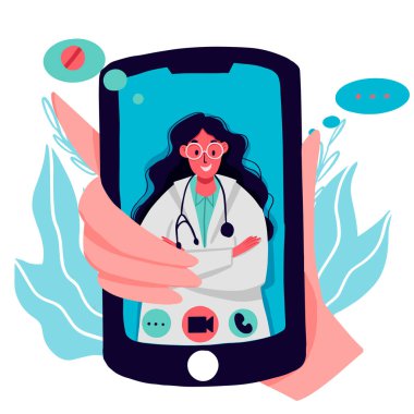 Çevrimiçi tele-tıp izometrik konsepti. Akıllı telefonlara bağlı internet kliniğinin uygulaması ile tıbbi danışma ve tedavi. Çevrimiçi doktor danışma teknolojisi akıllı telefon vektörü.