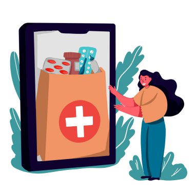 İnternetten uyuşturucu alım ve teslimatı. İnternetteki eczane çantasında tıbbi uyuşturucu konsepti var. Costum şablonu, iniş sayfası, şablon, ui, web, mobil uygulama, poster, pankart, broşür - Vektör