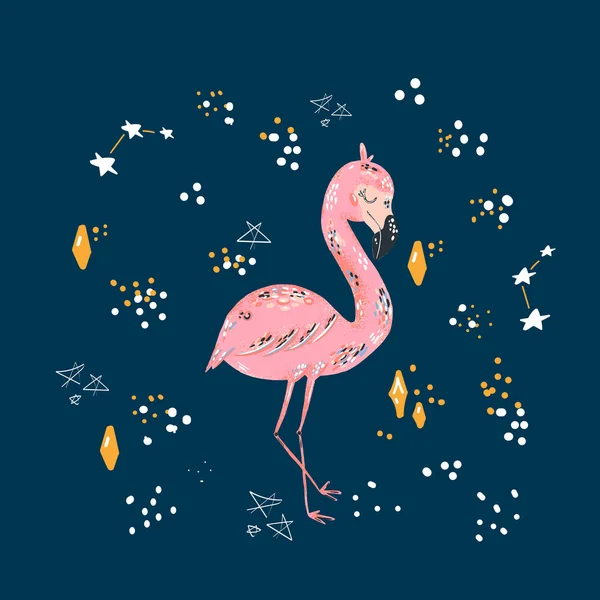 Cuteflamingo Plat Illustration Dessinée Main Caractère Flanmingo Rose Jungle Forêt — Image vectorielle