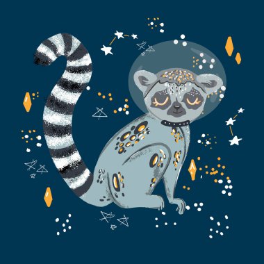 Cute funny ring-tailed lemur and tropical plant. Madagascar exotic Lemur catta. Vector illustration in flat and cartoon style on white background