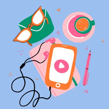 Akıllı telefondan müzik dinlemek. Kulaklık ve telefon. Beyaz arkaplanda müzik çalarının vektör düz illüstrasyonu
