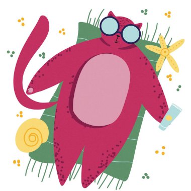 Kalandaki kedi, deniz kenarındaki iskemlede kitabı okudu. Okuyorum ve rahatlıyorum. İskandinav düz el çizimi karakter çizimi