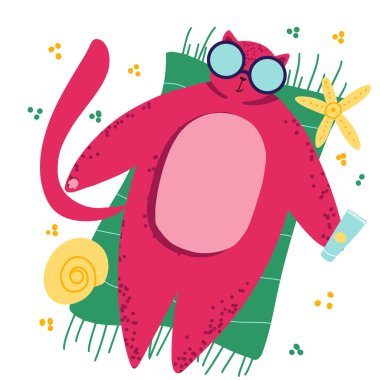 Kalandaki kedi, deniz kenarındaki iskemlede kitabı okudu. Okuyorum ve rahatlıyorum. İskandinav düz el çizimi karakter çizimi