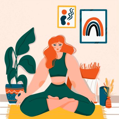 Yoga pozları veren tatlı bir kız. Ev bitkileriyle iç mekanlarda yaşayan genç bir kadının yaşam tarzı. Kadınlık, güzellik ve akıl sağlığıyla moda illüstrasyonu. Kadınsı karikatür çizimi