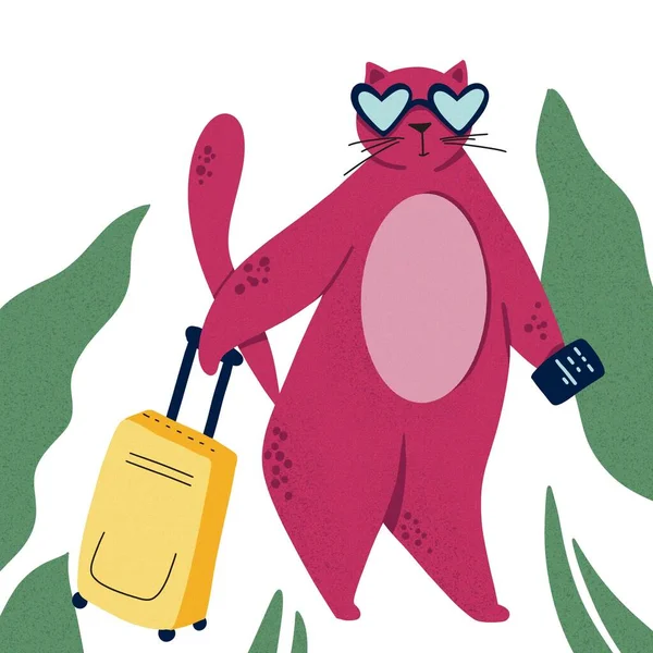 Cat goes to trip. Color flat hand drawn  character. Palm, passport, suitcase clipart. Isolated scandinavian cartoon illustration of summer vacation and travelling theme. On vacation quote