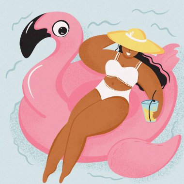 Mavi okyanus dalgaları içinde yüzen pembe flamingo üzerinde yüzen bir kızla el çizimi eğlenceli yaz zamanı illüstrasyon kartı modern kaligrafi ile beyaz arka planda izole edilmiş en iyi yaz.