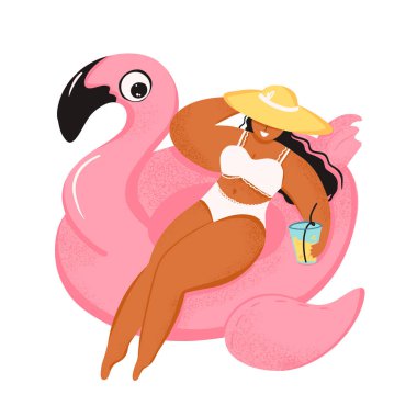 Şapkalı güzel bir kız ve şişme flamingo yüzüğünde kokteyl yüzüyor. Merhaba yaz illüstrasyonu. Beyaz arka planda izole edilmiş. Tasarımınız için yaz renklerinde bir element. Vektör