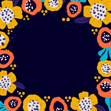 Karalama rengi çiçekli vektör çerçevesi. Renkli çiçekler